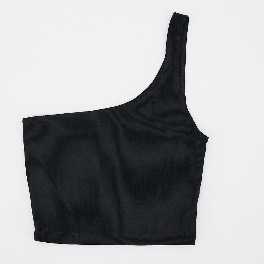 Joah Brown Black Ribbed Crop Top One Shoulder Asymmetric Neckline